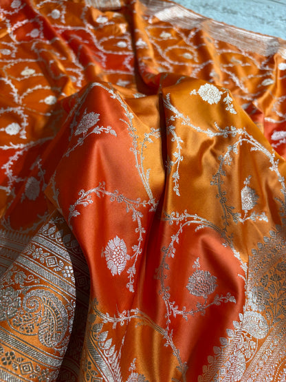 Banarasi Orange Rangkat Mashru Silk Saree Jaal MSRK44