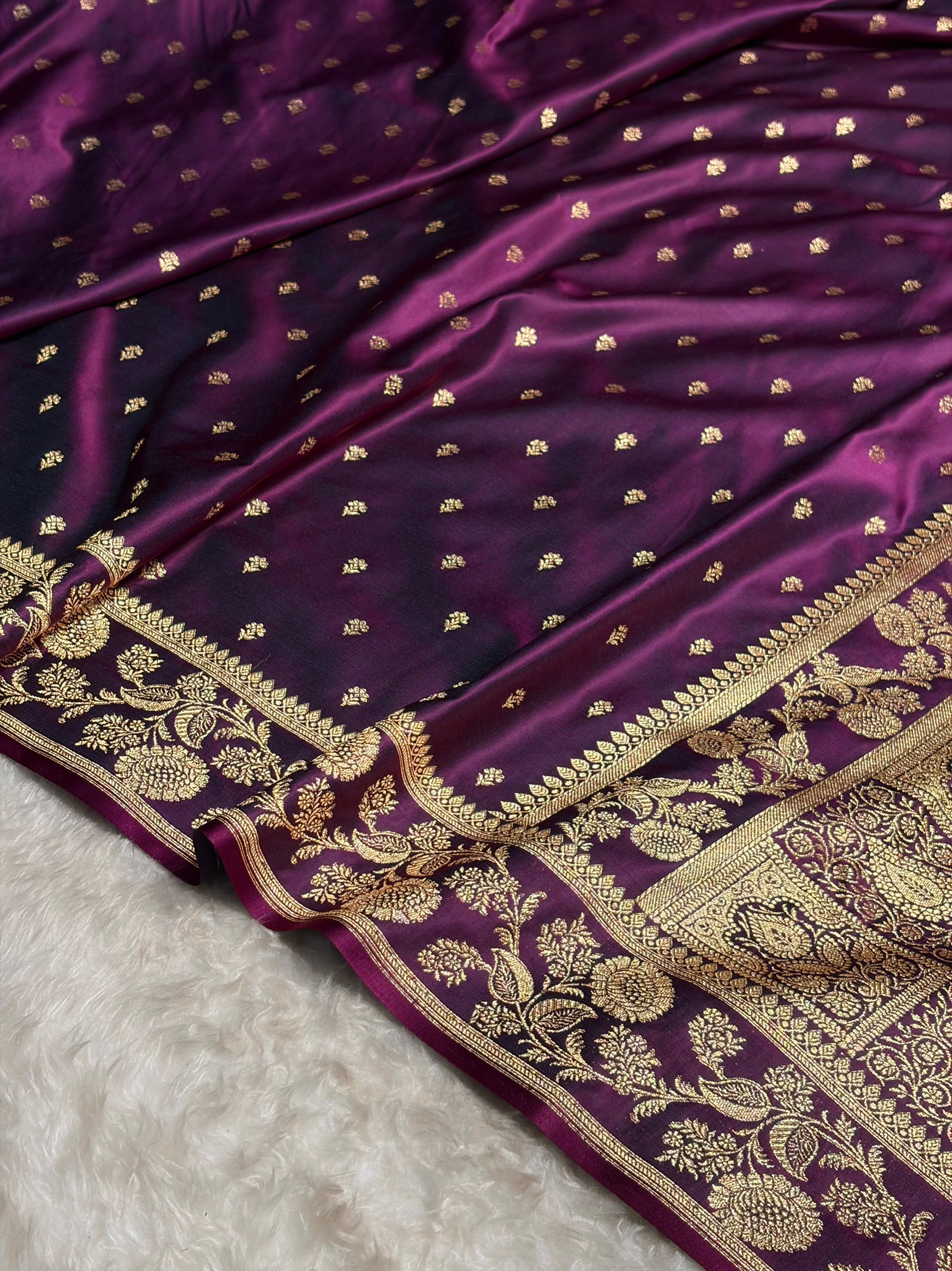 Wine Shades Floral Pattern Satin Katan Silk Saree SK77