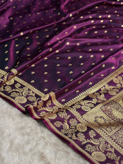 Wine Shades Floral Pattern Satin Katan Silk Saree SK77