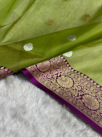 Contrast Pure Banarasi Organza Light Green With Wine Floral Banarasi Silk Saree PO-11