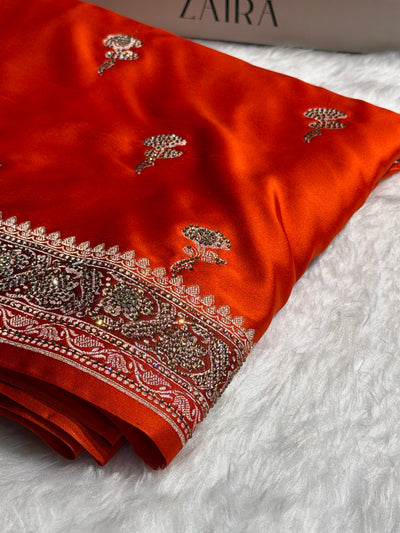 Banarasi Orange Shades Mashru Silk Saree With Swarovski Stone Work  BMCS51