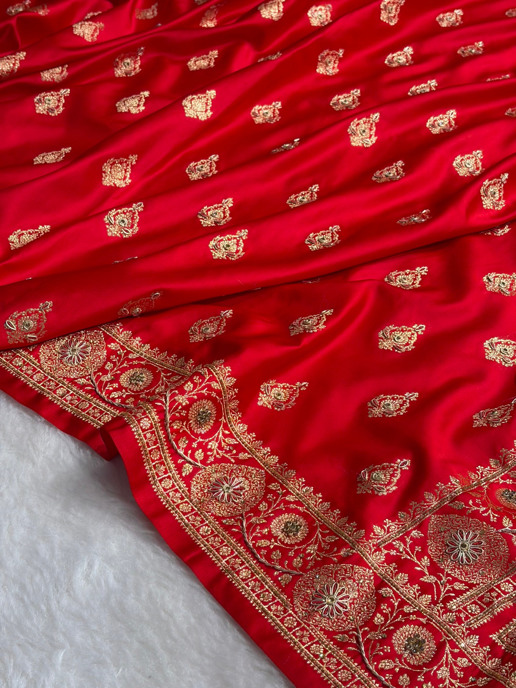 Banarasi Satin Katan Saree With Aari Zardozi Work Boota in Red Shades BSK98