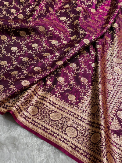 Wine Shades Jaal Pattern Banarasi Satin Silk Saree SS55