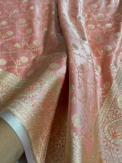 Banarasi Satin Katan Saree Booti Pattern in Baby Pink Shades with Sea Green Edges SK05