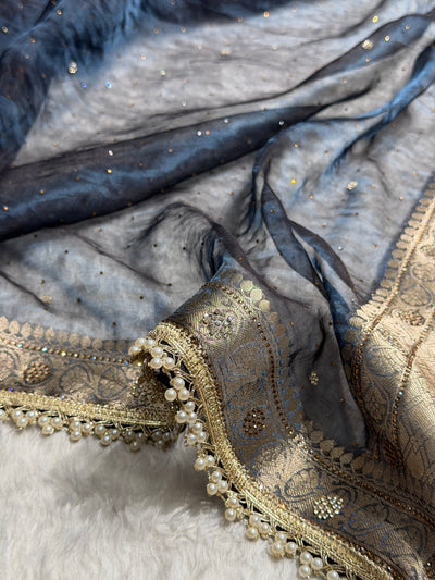 Black Navy Shades Pure Tissue Silk With Banarasi Swarovski Work Saree with Brocade Blouse BPGPT-09