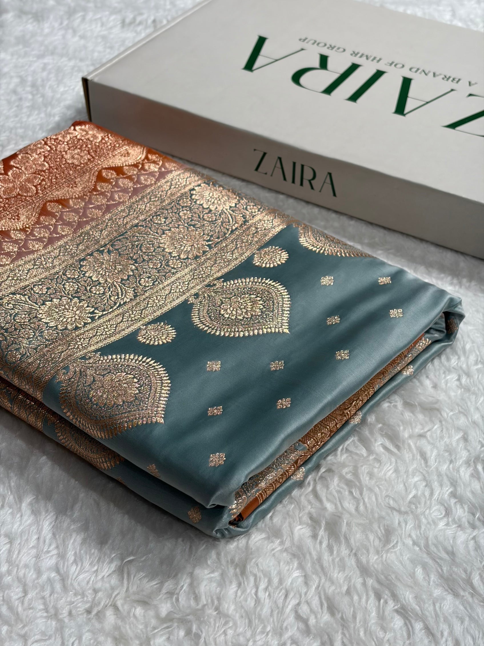 Sea Green with Peach Booti Satin Katan Silk saree SK29