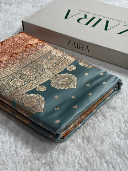 Sea Green with Peach Booti Satin Katan Silk saree SK29