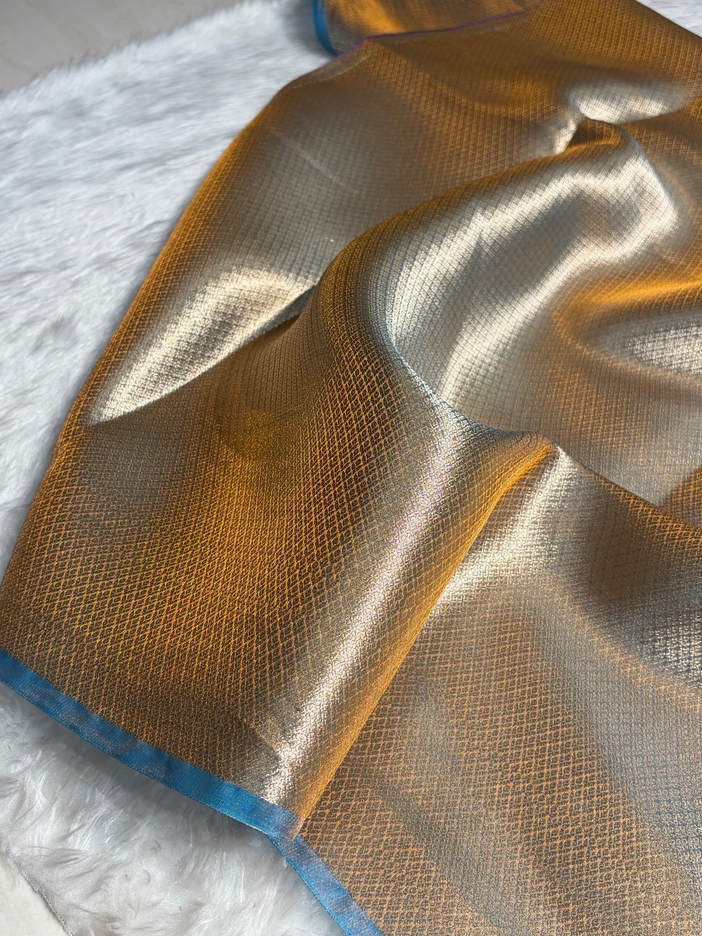 Goldish Firozi Shades Banarasi Pure Tissue Silk Saree with Brocade Blouse PT-18