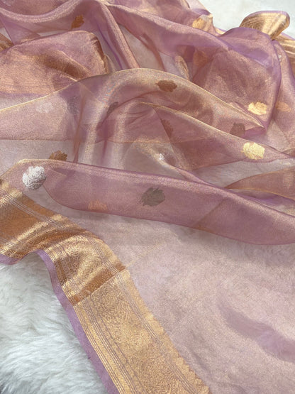 Pinkish Lavender Bananasi Floral Shades Pure Tissue Silk Saree PT-37