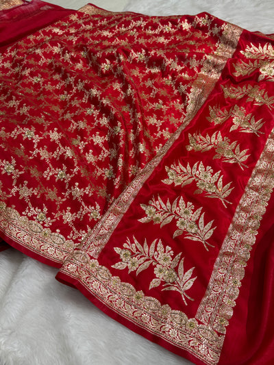 Bridal Red Jaal with Ari and Stone with brocade Blouse