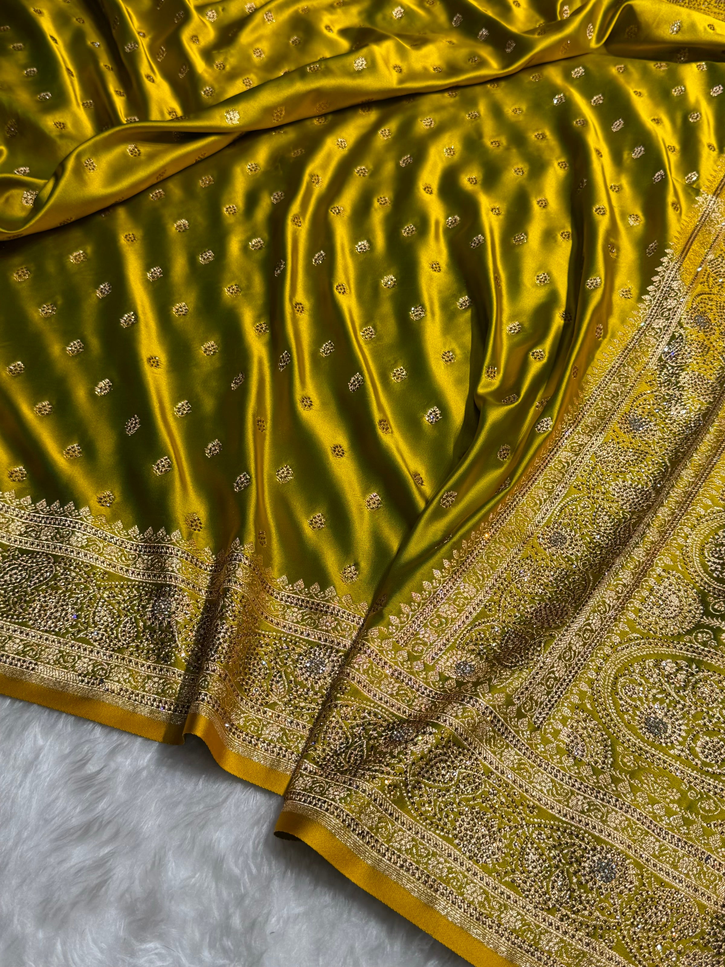 Banarasi Mehandi Booti Pattern With Swarovski Stone Work Satin Katan Silk Saree BSK53