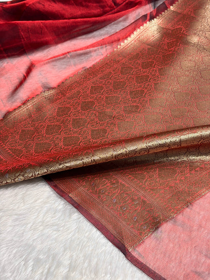 Cross Red Shades Pure Tissue Silk Saree with Brocade Blouse PT-31