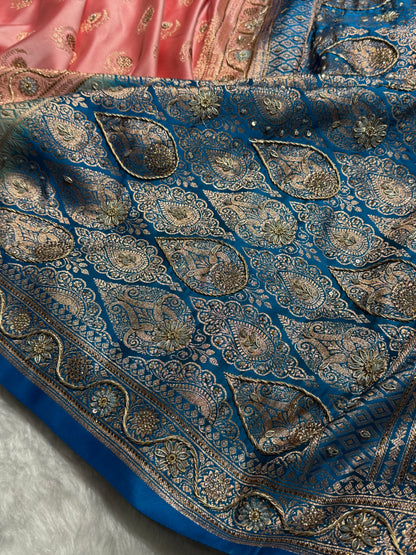 Light Pink with Blue Contrast Floral Boota With Swarovski & Zardozi Work Satin Katan Silk saree BSK27