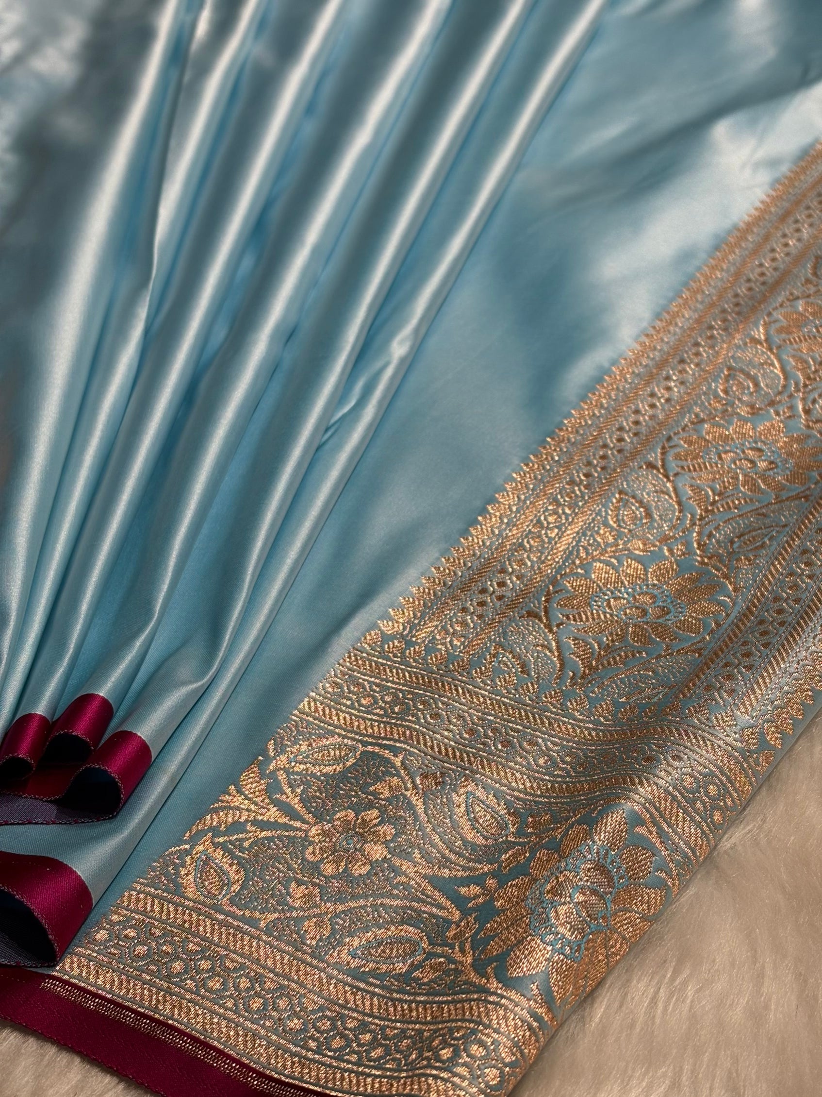 Sky Blue Booti Satin katan Silk Saree SK11