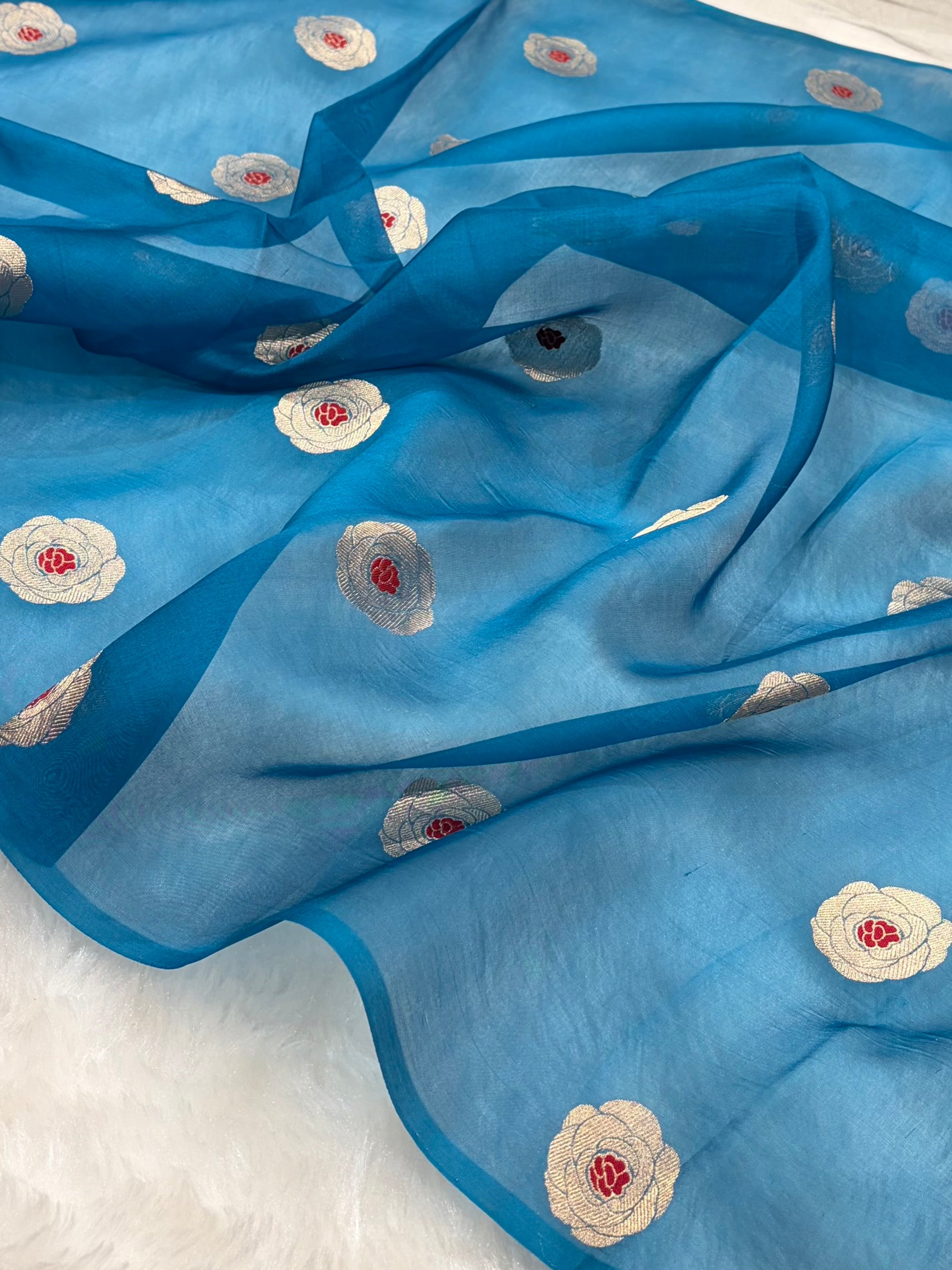 Pure Banarasi Organza Firozi Shades With Minakari Floral Banarasi Silk Saree PO-27