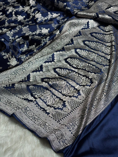 Navy Blue Floral Jaal Mashru Silk Saree  MCS28