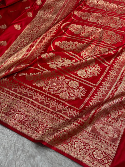 Banarasi Satin Katan Saree Floral Boota Pattern in Red Shades SK145