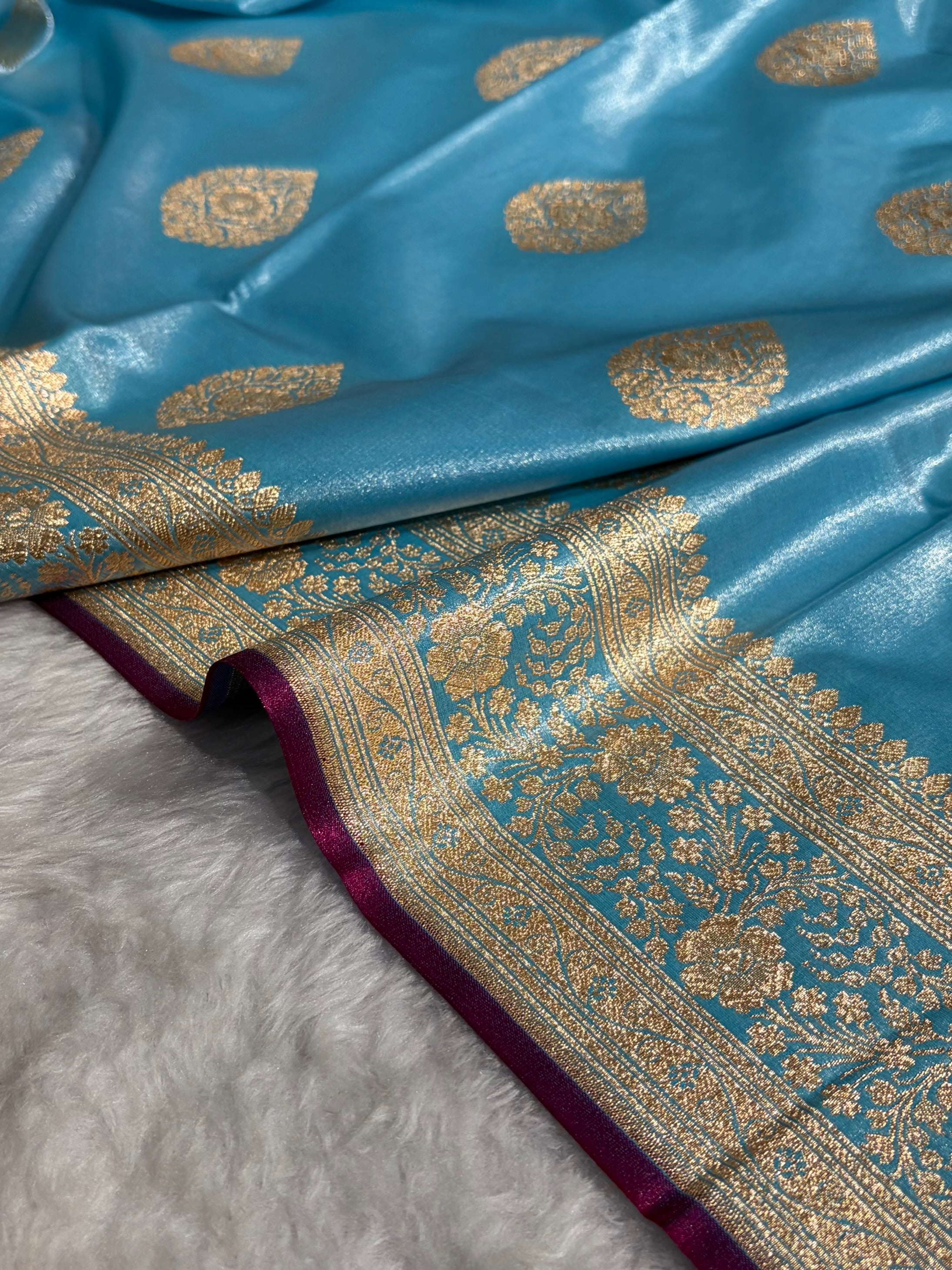 Ultra Light Weight Satin Silk Boota in Sky Blue Shades SS05