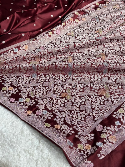 Garnet Shades Minakari Floral Border Booti Mashru Silk Saree MCS75