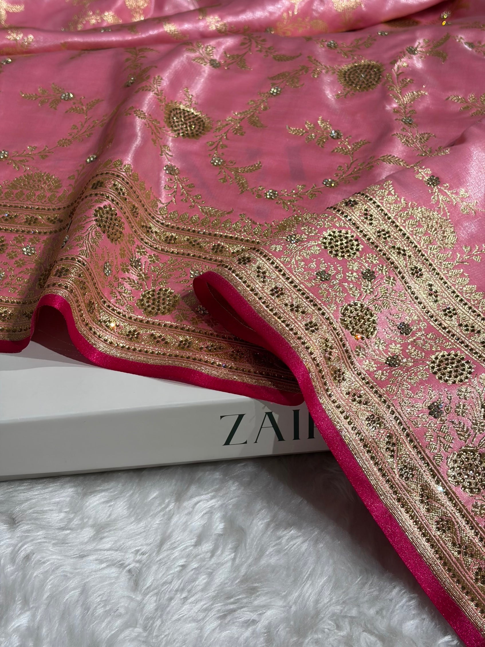 Light Weight Baby Pink Satin Silk Saree with Swarovski work BSS14