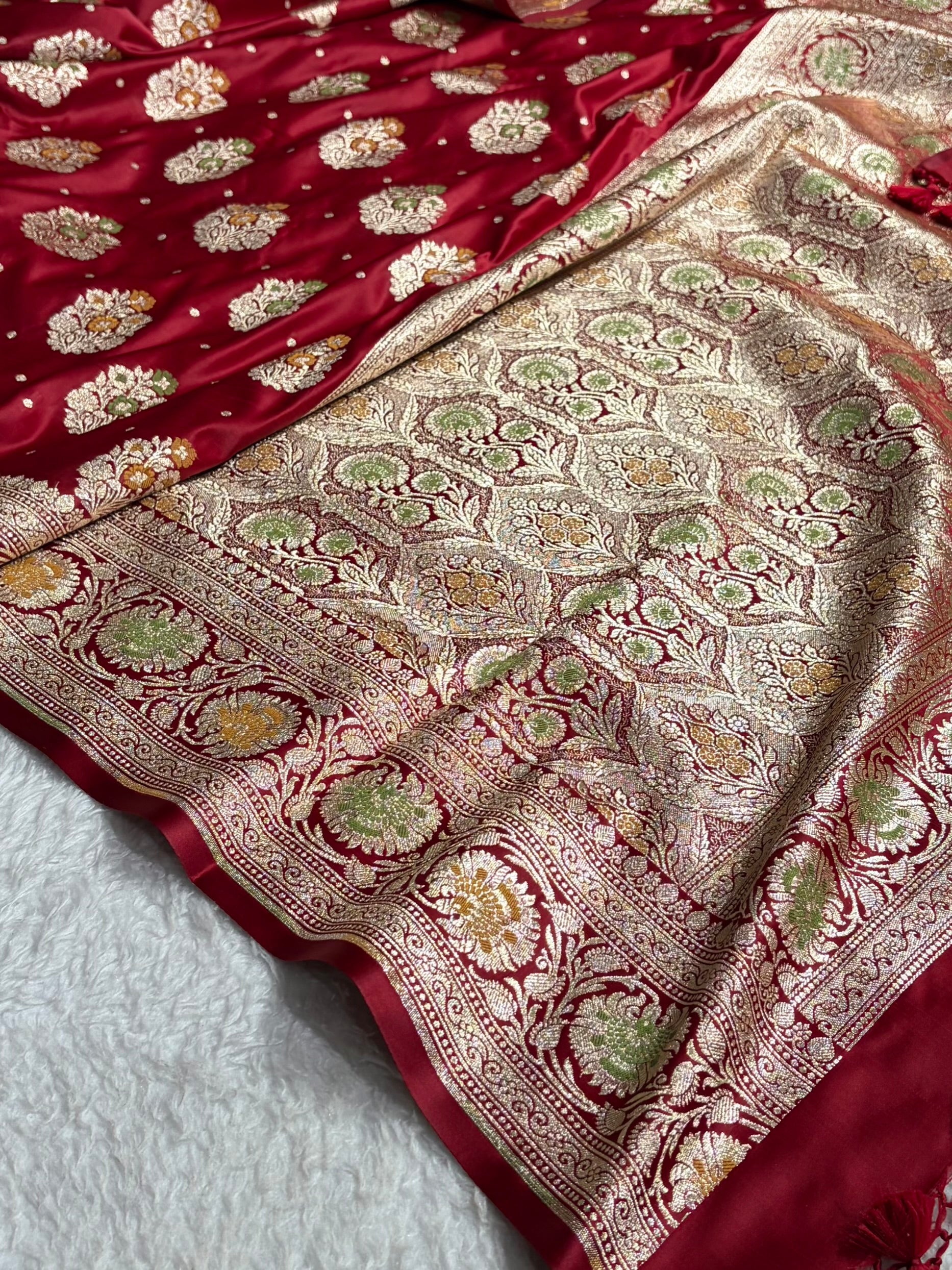 Maroon Shades Minakari Booti Satin Katan Silk saree