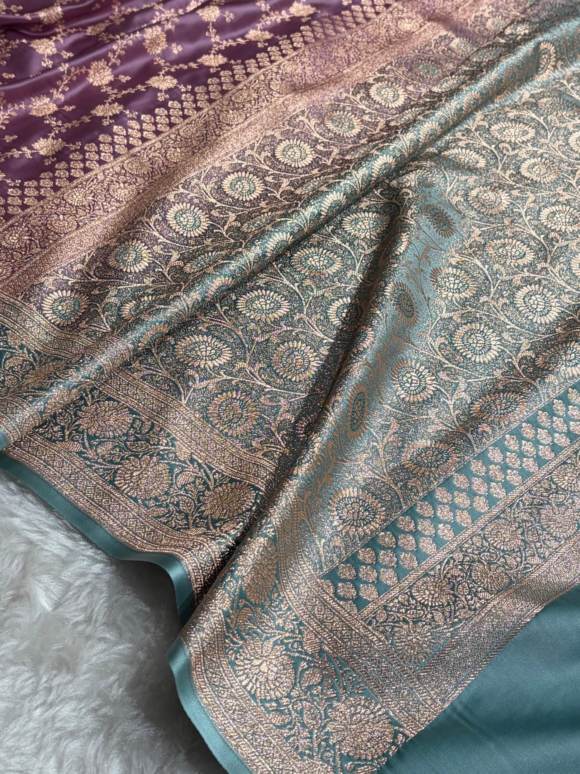 Banarasi Satin Katan Saree in Contrast Dark Lavender With Sea Green Shades SK132