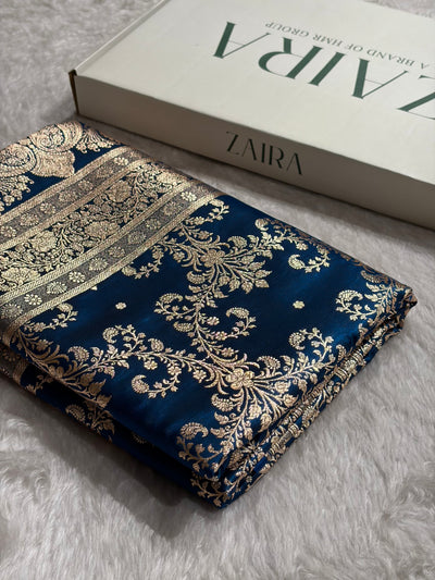 German Blue Shades Jaal Pattern Banarasi Satin Silk Saree SS49