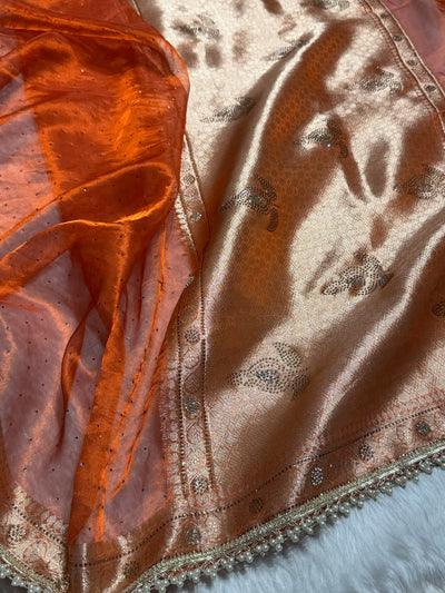 Orange Shades Pure Tissue Silk With Banarasi Swarovski Work Saree with Brocade Blouse BPGPT-09