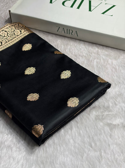 Black Booti Pattern Satin Katan Silk Saree SK65