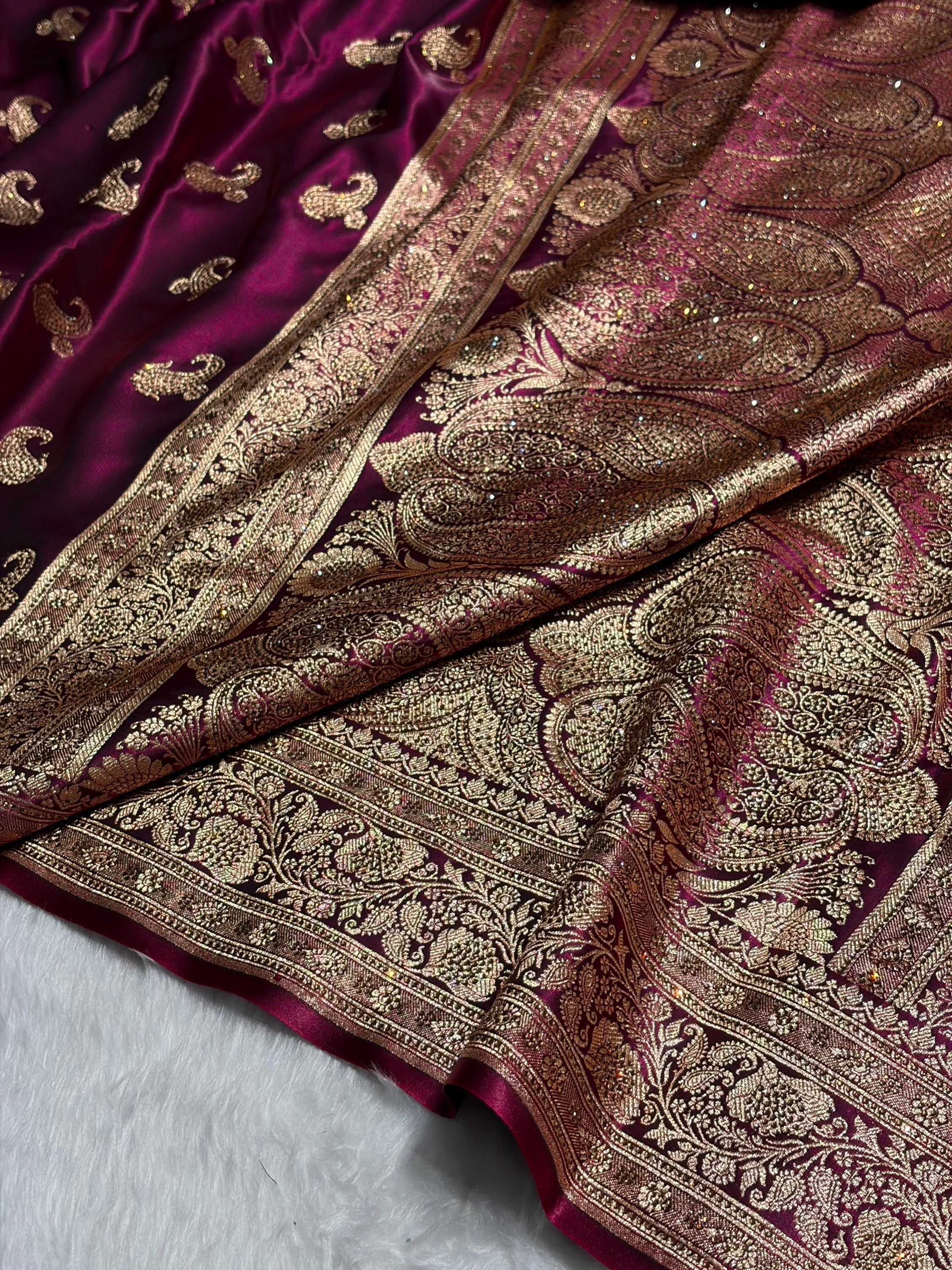 Satin Silk Saree Swarovski Work Floral Boota in Wine Shades BSS27