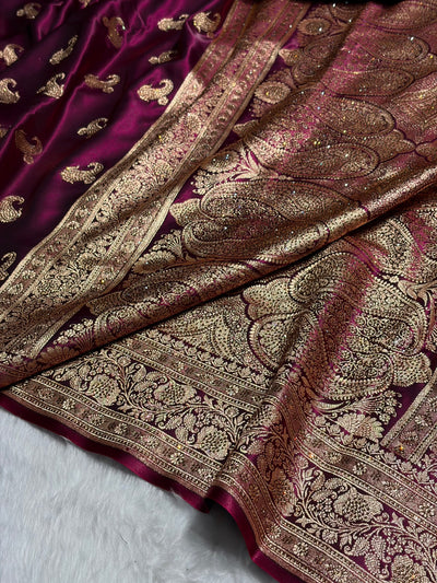 Satin Silk Saree Treditional Swarovski Work Floral Boota in Wine Shades BSS27