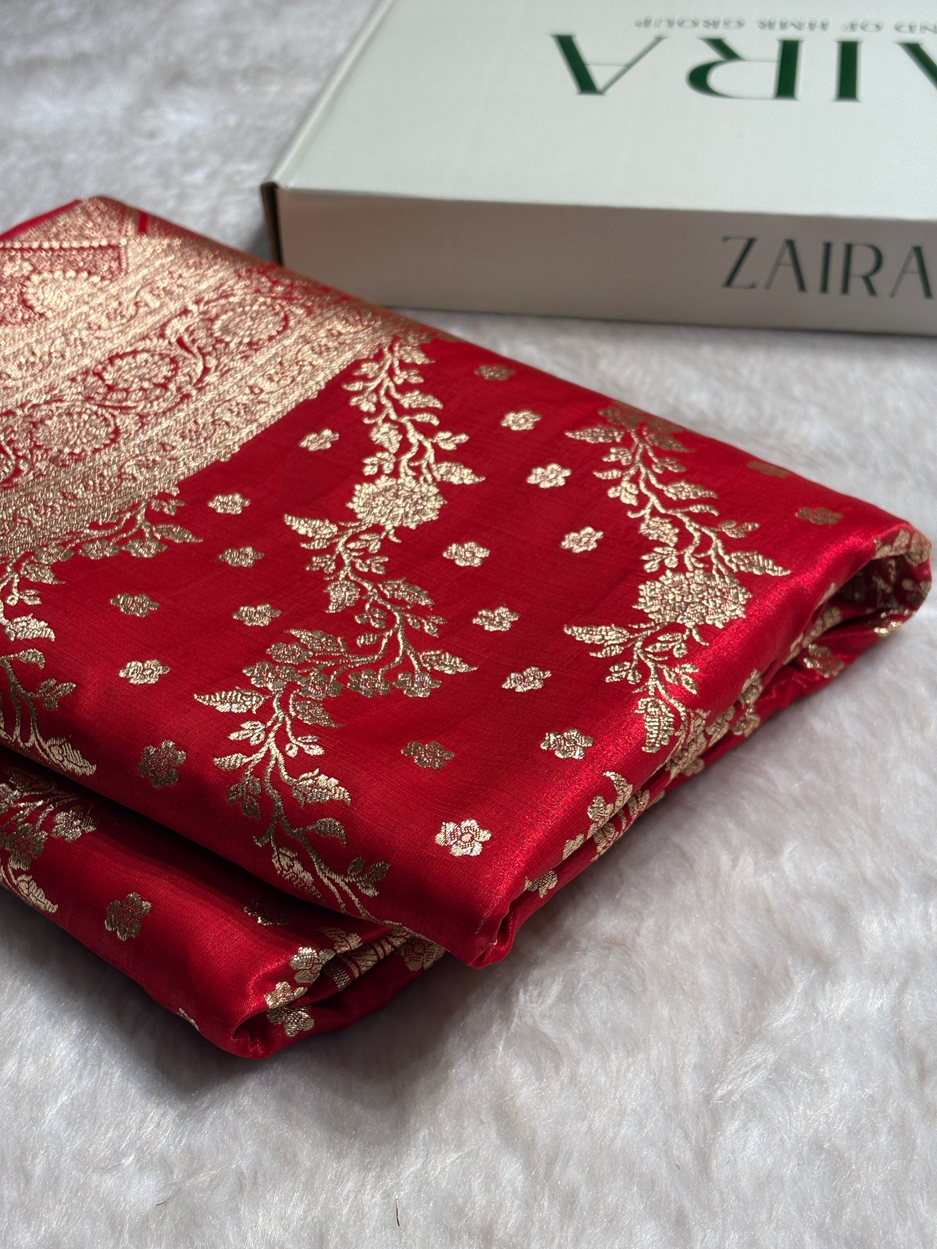 Satin Silk Saree Cross with Booti in Ruby Red Shades SS24