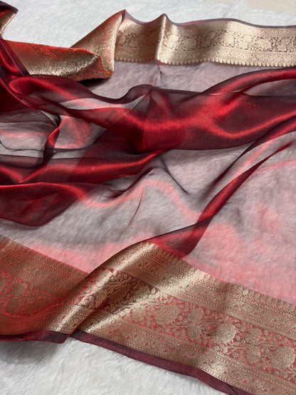 Cross Red Shades Pure Tissue Silk Saree with Brocade Blouse PT-08