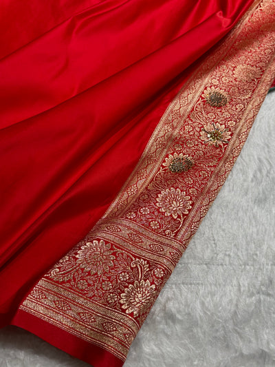 Lavender Red Contrast Booti With Ari & Zardozi Work Satin Katan Silk saree BSK29