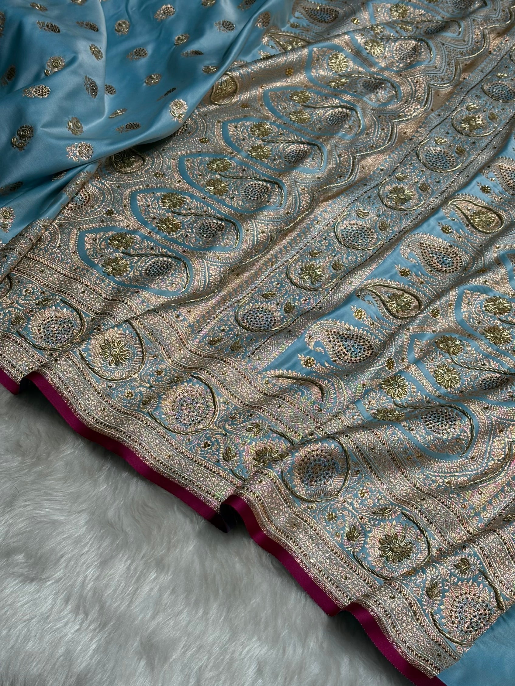 Sky Blue Shades Booti Katan Silk Saree with Stone & Zardozi Work BSK12