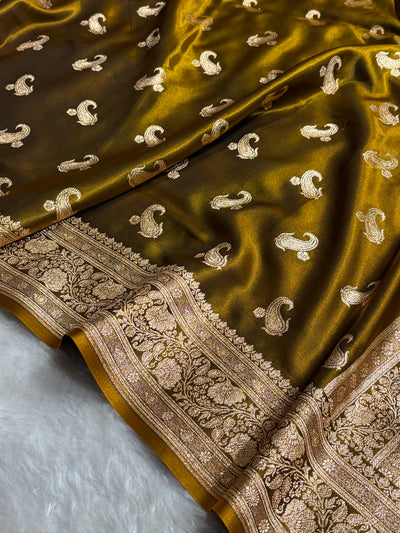 Satin Silk Saree Floral Boota in Mehendi Shades SS27