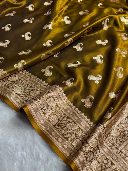 Satin Silk Saree Floral Boota in Mehendi Shades SS27
