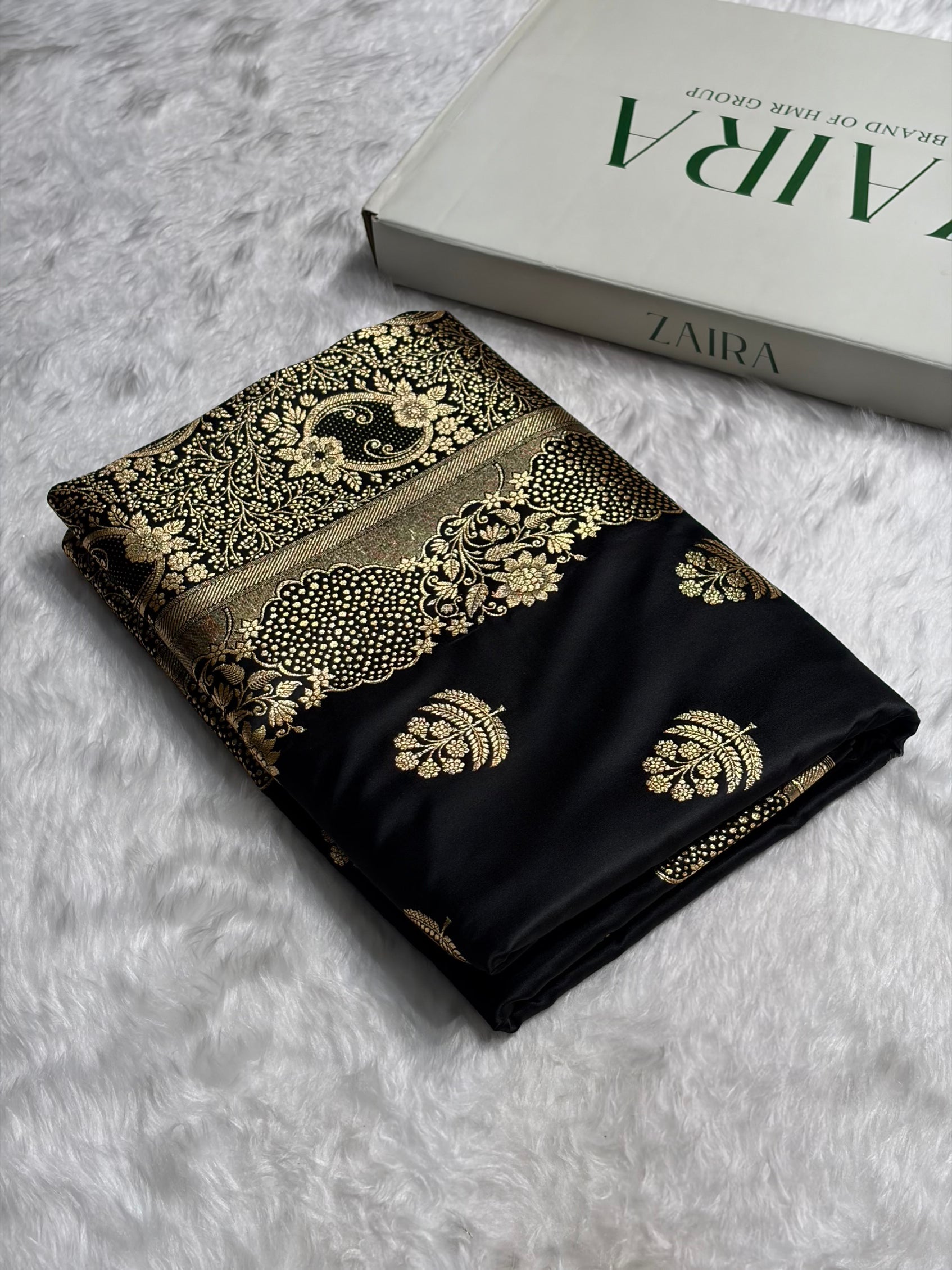 Black Unique Boota Pattern Satin Katan Silk Saree SK70