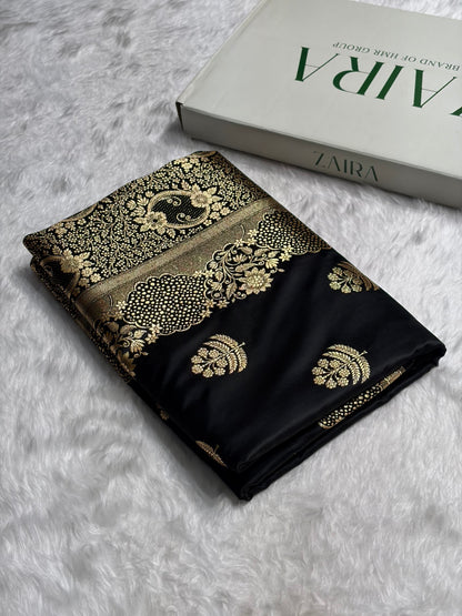 Black Unique Boota Pattern Satin Katan Silk Saree SK70
