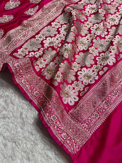 Premium Birdal Banarasi Satin Katan Saree With Swarovski Ari & Zardozi Work Minakari Boota in Rani Shades BSK93