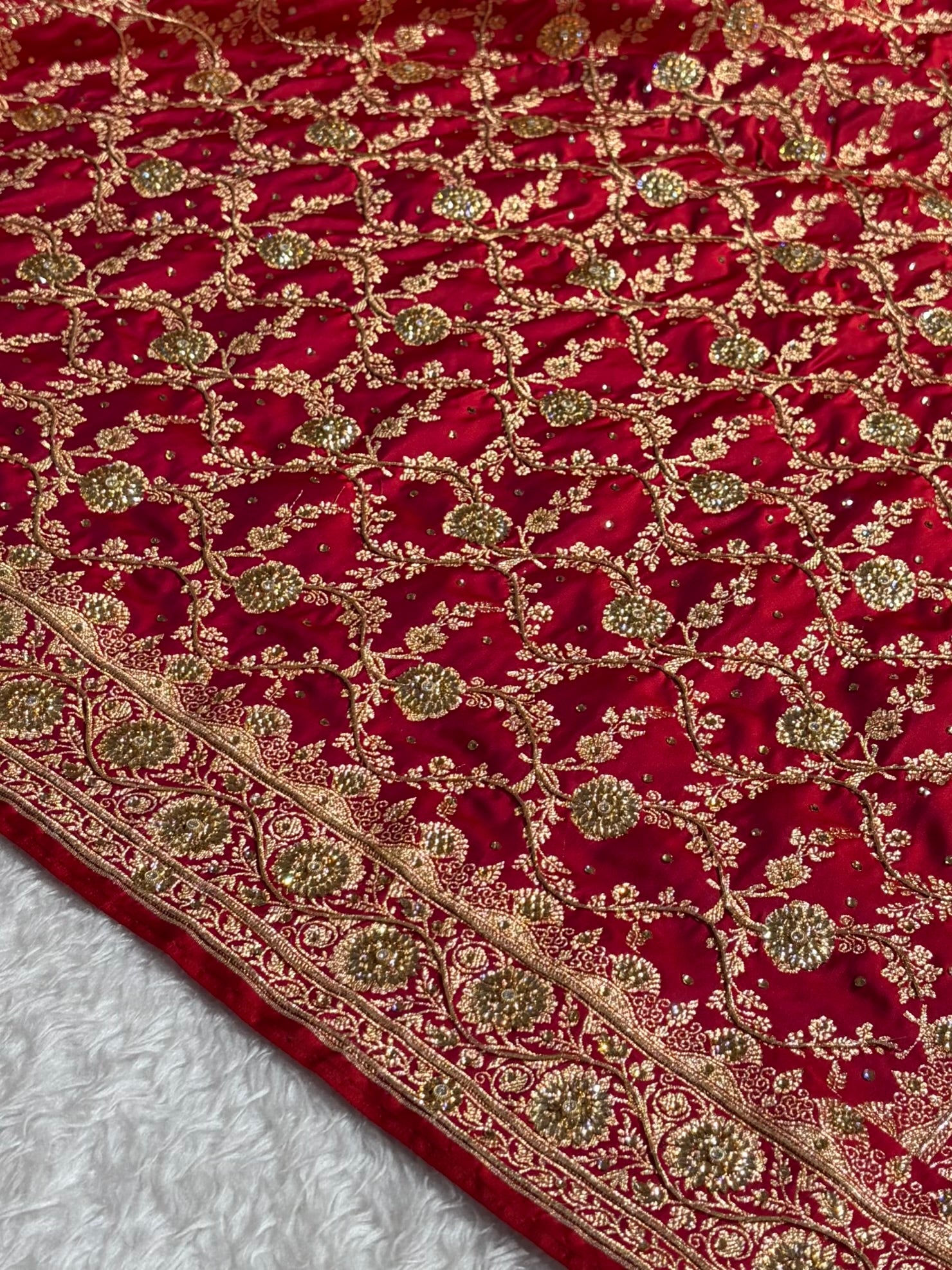 Magentic Red Shades Jaal Floral Pattern With Zardozi And Swarovski Stone Work Satin Katan Silk Saree BSK80