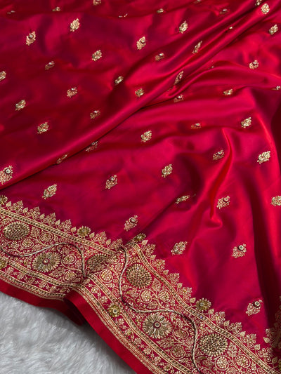 Banarasi Bridal Cross Red Work Pattern Satin Katan Silk Saree BSK82