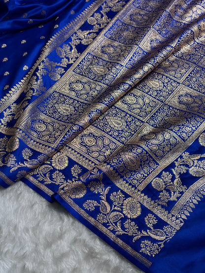 Royal Blue Floral Pattern Satin Katan Silk Saree SK77