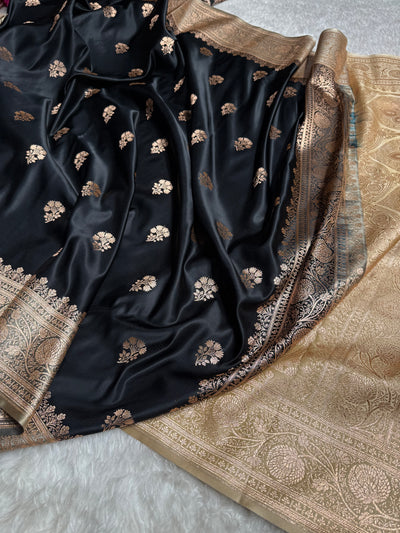 Black - Cream Banarasi Boota Katan Silk Saree