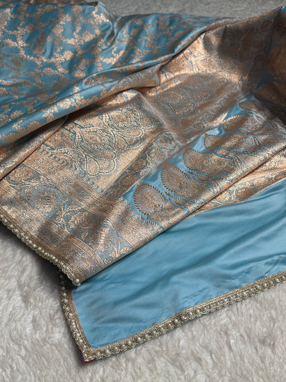 Banarasi Satin Katan Silk Saree In Sky Blue Shades with gotta Patti