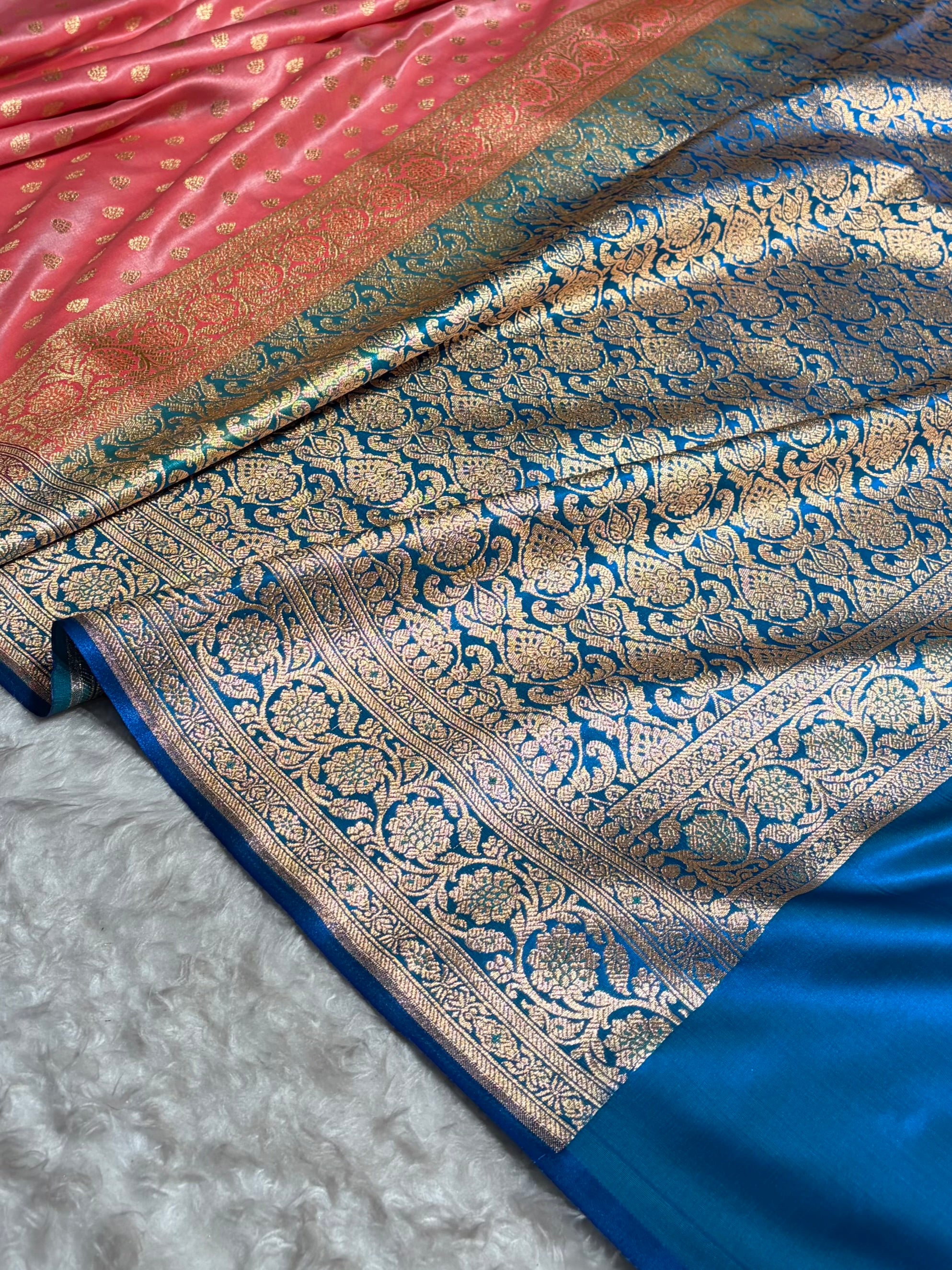 Banarasi Contrast Satin Silk Booti in Baby Pink With Royal Blue Shades SS01