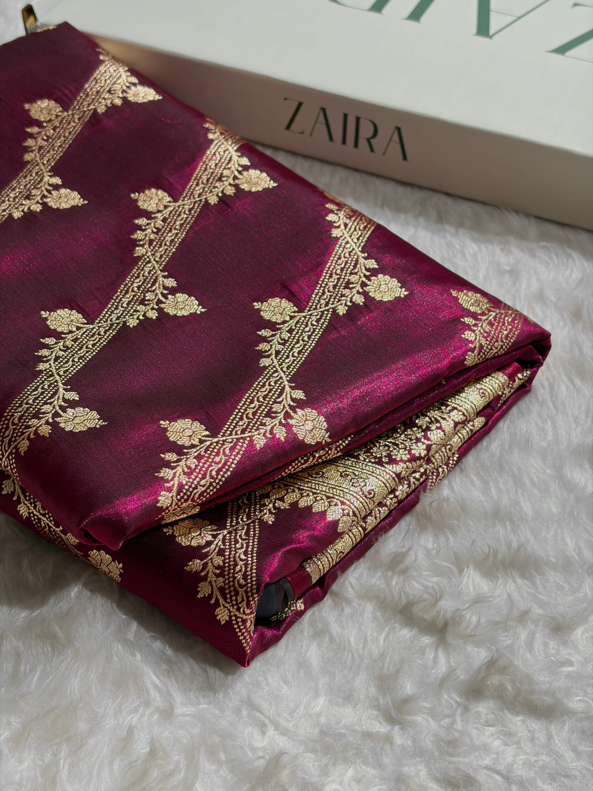 Wine Shades Cross Pattern Banarasi Satin Silk Saree SS50