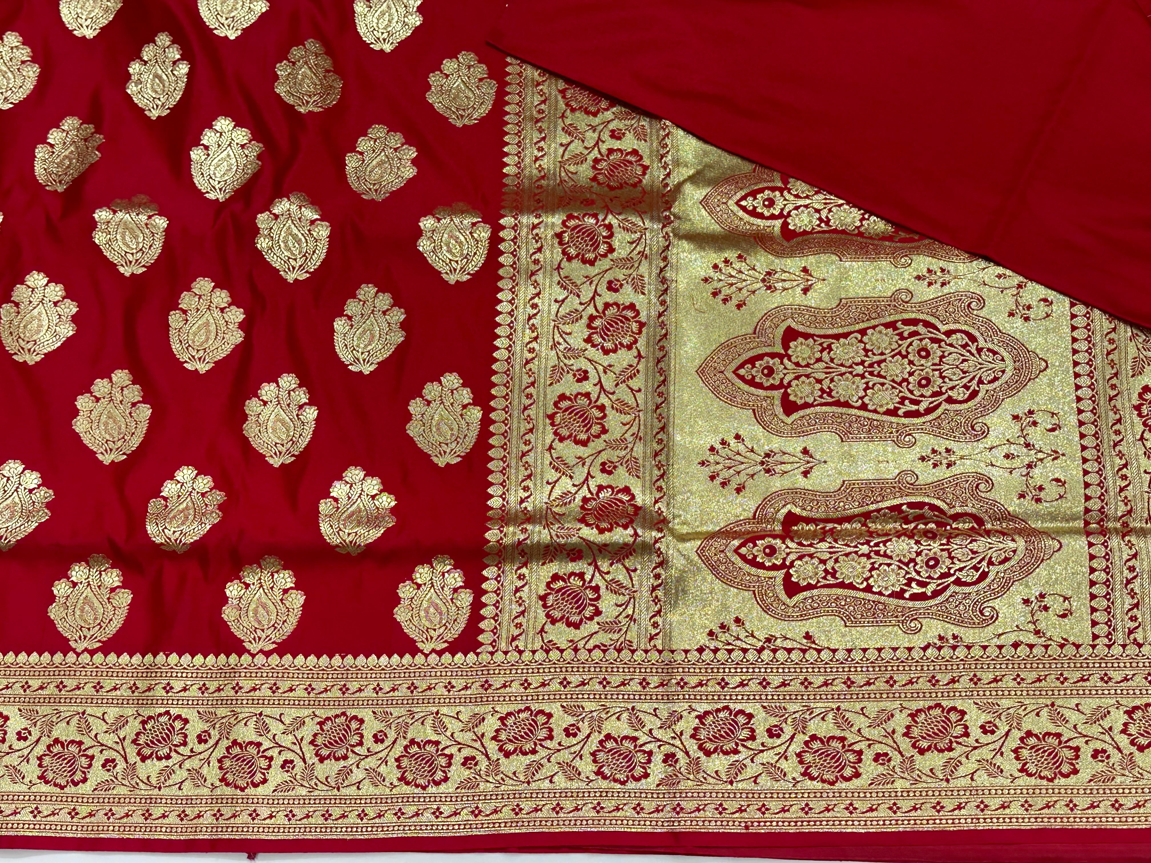 Red Boota Satin Katan Silk Saree