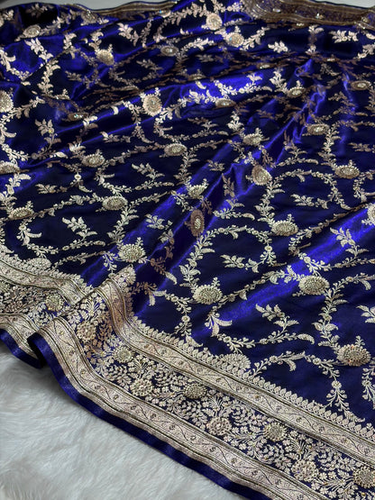 Satin Silk Banarasi Jaal in Royal Blue Shades with Work BSS14