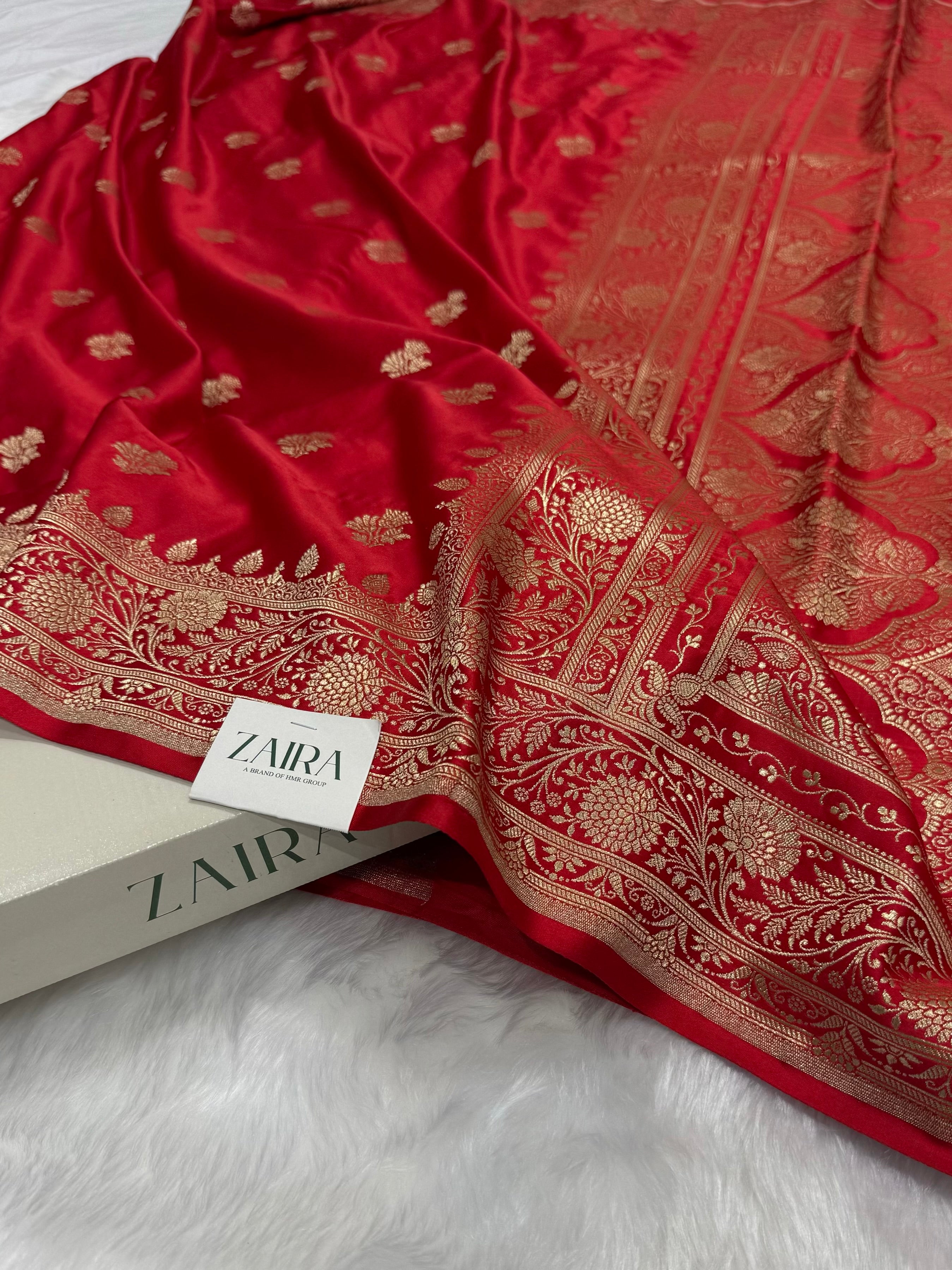 Bridal Red Shades Floral Boota Satin Katan Silk saree SK32